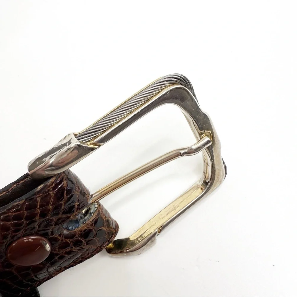 Genuine Alligator Brown Leather Belt with Silver Cable Buckle, Size 42